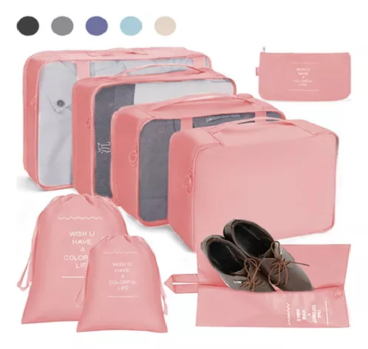 BOLSAS DE VIAJE 8 EN 1, ORGANIZADORAS DE VIAJE PARA MALETA, COLOR ROSADO - 1