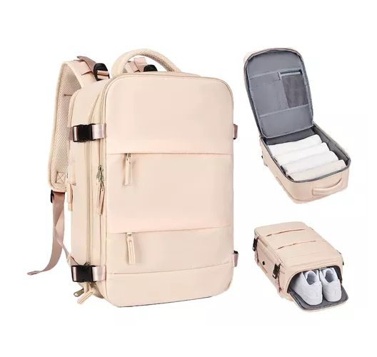 MOCHILA DE VIAJE DE CABINA PARA AVIÓN, IMPERMEABLE CON USB, COLOR BEIGE - 2