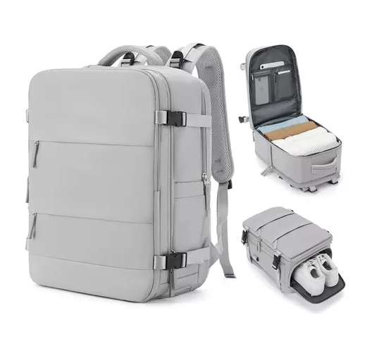 MOCHILA DE VIAJE DE CABINA PARA AVIÓN, IMPERMEABLE CON USB, COLOR GRIS - 1