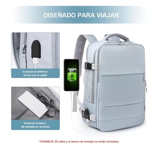 MOCHILA DE VIAJE DE CABINA PARA AVIÓN, IMPERMEABLE CON USB, COLOR GRIS - 2