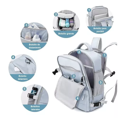 MOCHILA DE VIAJE DE CABINA PARA AVIÓN, IMPERMEABLE CON USB, COLOR GRIS - 3