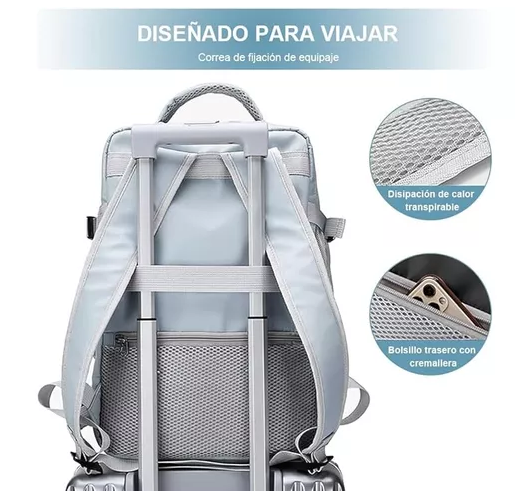 MOCHILA DE VIAJE DE CABINA PARA AVIÓN, IMPERMEABLE CON USB, COLOR GRIS - 5