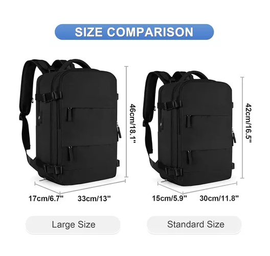 MOCHILA DE VIAJE DE CABINA PARA AVIÓN, IMPERMEABLE CON USB, COLOR EN COLOR NEGRO - 2