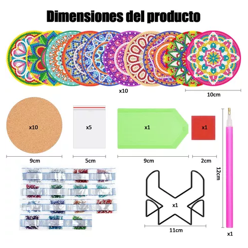 KIT DE 10 POSAVASOS DE PINTURA DIAMANTE 5D, ESTILO MANDALA, 10 CM - 2