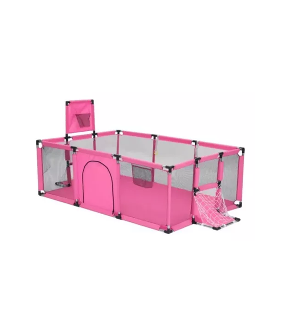 CORRAL DE SEGURIDAD PARA BEBÉS CON ARO DE BASKET FÚTBOL + PELOTAS, ROSADO - 1