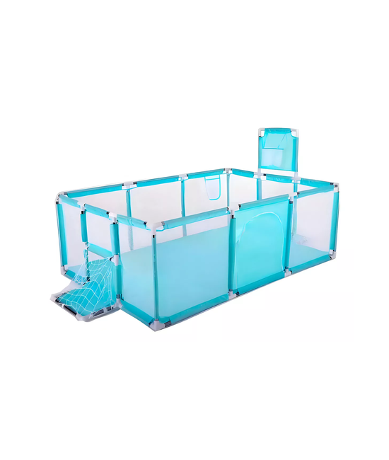CORRAL DE SEGURIDAD PARA BEBÉS CON ARO DE BASKET FÚTBOL + PELOTAS, CELESTE - 1