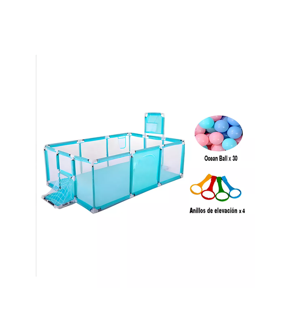 CORRAL DE SEGURIDAD PARA BEBÉS CON ARO DE BASKET FÚTBOL + PELOTAS, CELESTE - 2