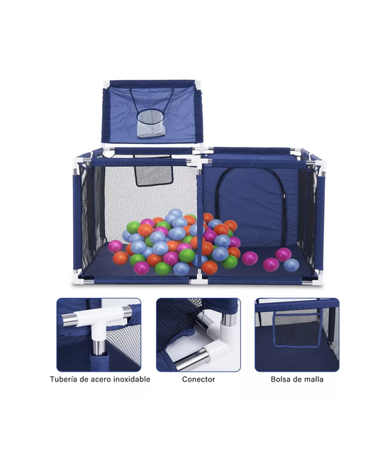 CORRAL DE SEGURIDAD PARA NIÑOS CUADRADO CON ARO DE BASKET, AZUL - 2