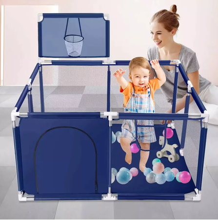 CORRAL DE SEGURIDAD PARA NIÑOS CUADRADO CON ARO DE BASKET, AZUL - 3