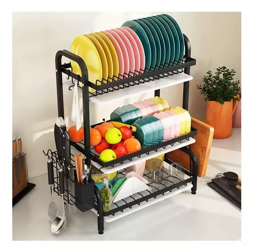 SECADOR ESCURRIDOR DE PLATOS, 3 NIVELES, ORGANIZADOR O2, COLOR EN COLOR NEGRO - 6