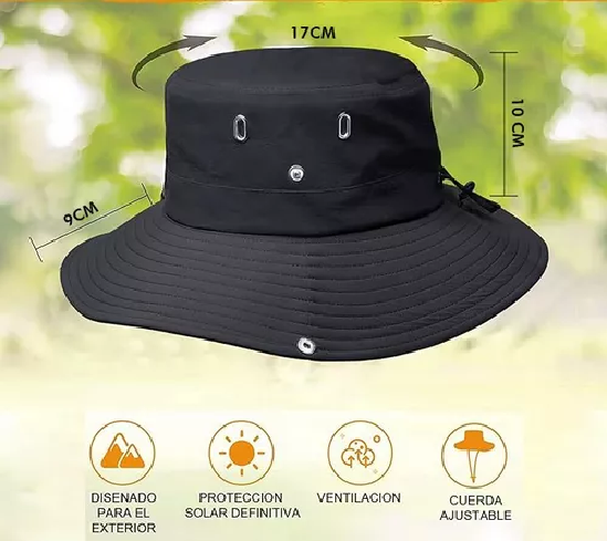SOMBRERO PESCADOR TREKKING CORDON AJUSTABLE IMPERMEABLE EN COLOR NEGRO - 4