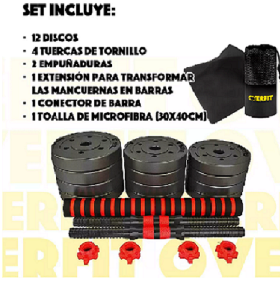 SET DE MANCUERNAS Y BARRA UNIBLES 20KG OVERFIT FITNESS AJUSTABLES - 2