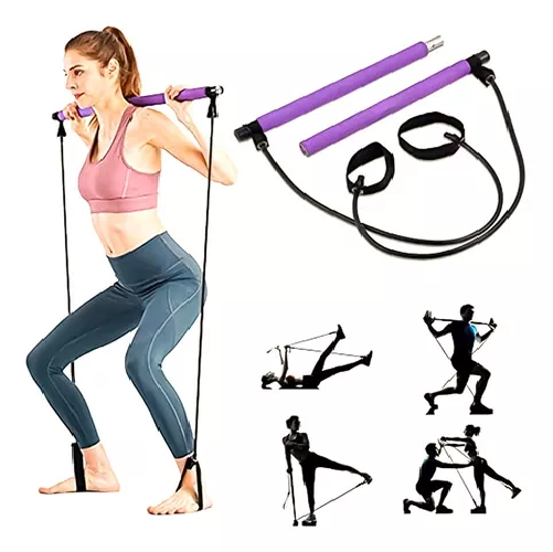 BARRA DE PILATES CON BANDAS ELÁSTICAS DE RESISTENCIA, YOGA, COLOR MORADO - 3