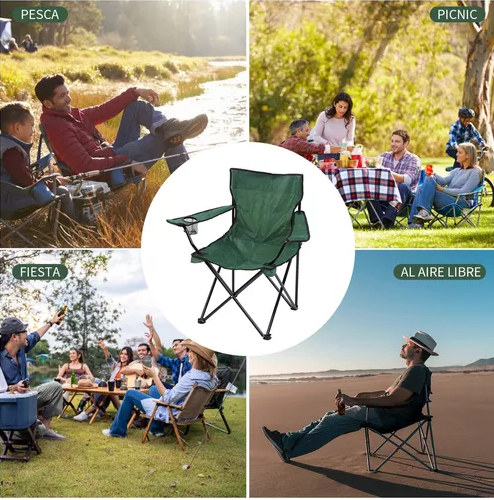 SILLA PLEGABLE DE PLAYA CAMPING CON BOLSO DE PORTA VASOS VERDE - 6