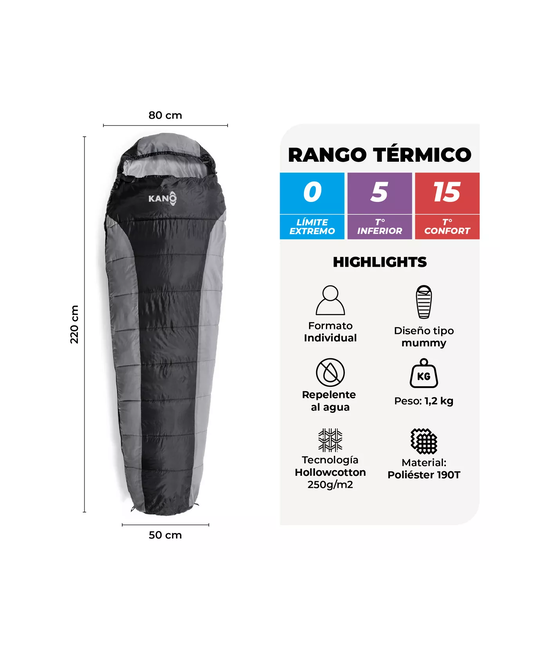 SACO DE DORMIR KANO +5ºC / +15ºC 3 ESTACIONES 1.2 KG, COLOR GRIS - 2