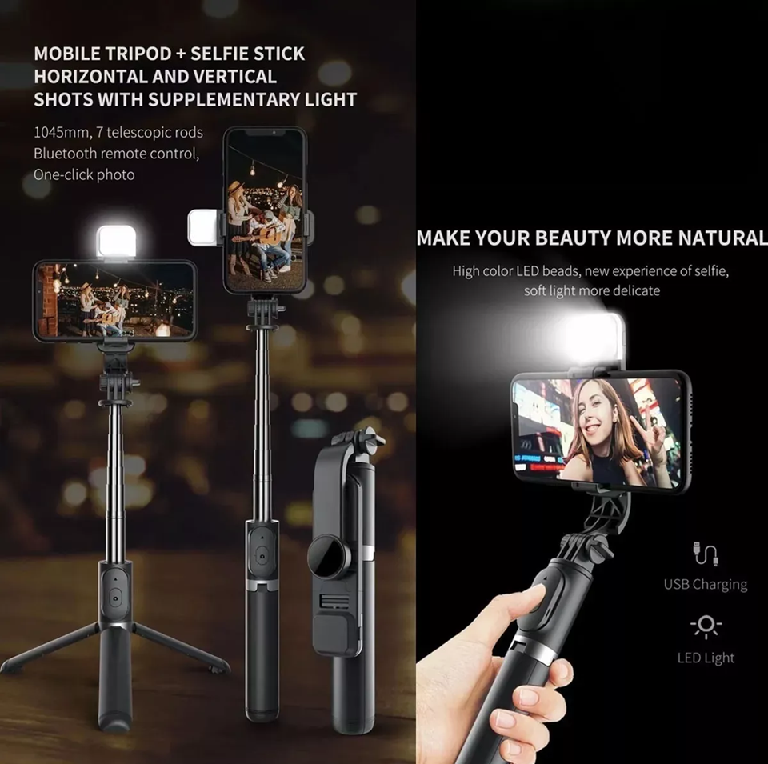 TRÍPODE DE PALO SELFIE CON LUZ RELLENO Y CONTROL REMOTO BLUETOOTH - 6