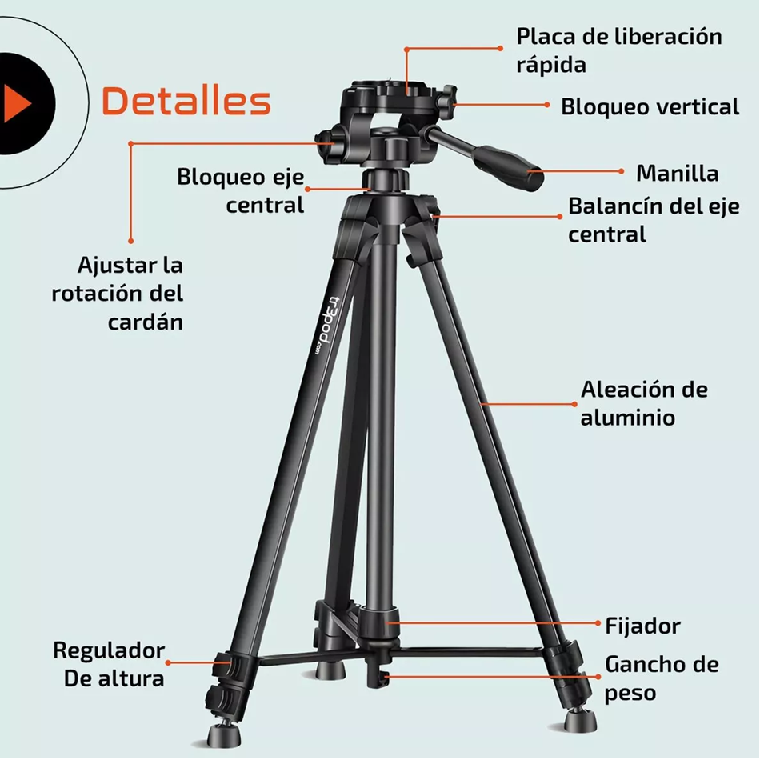 TRÍPODE CÁMARA CELULAR VIDEO TR3POD AJUSTABLE Y ADAPTADOR, CELULAR - 5