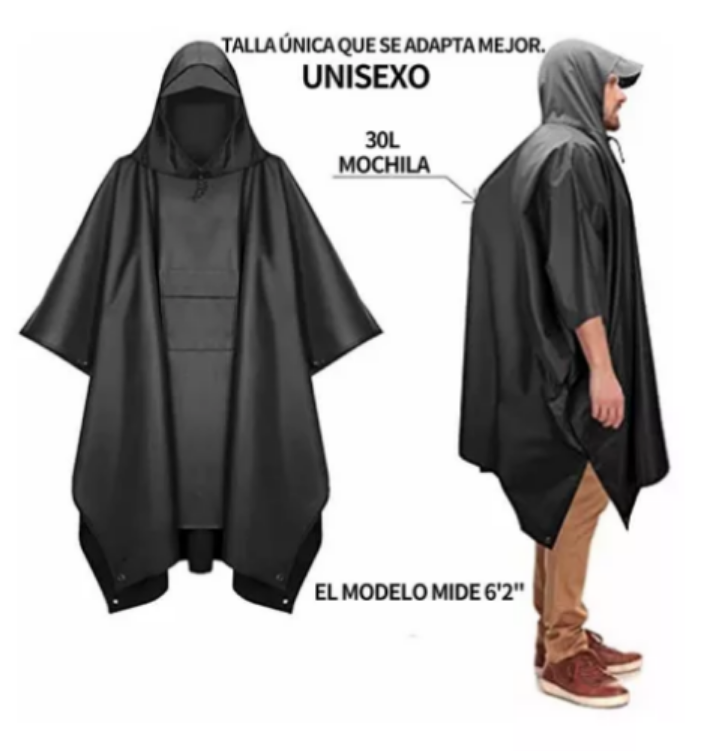 PONCHO IMPERMEABLE SIN OLOR SUAVE, CAPA IMPERMEABLE 213X142CM EN COLOR NEGRO - 3