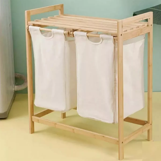 CESTA CANASTO DE ROPA SUCIA CON SOPORTE DE BAMBÚ 73 CM MARRÓN CLARO - 2