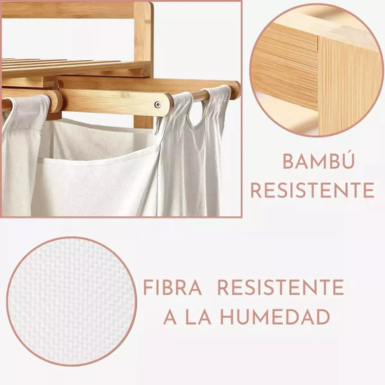 CESTA CANASTO DE ROPA SUCIA CON SOPORTE DE BAMBÚ 73 CM MARRÓN CLARO - 3