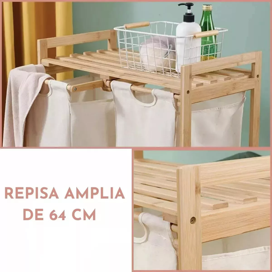 CESTA CANASTO DE ROPA SUCIA CON SOPORTE DE BAMBÚ 73 CM MARRÓN CLARO - 5
