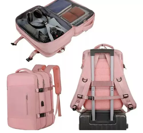 MOCHILA EXPANDIBLE DE VIAJE, MULTIUSO, IMPERMEABLE, CABINA DE AVIÓN, COLOR ROSADO - 2