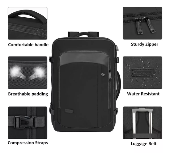MOCHILA DE VIAJE VANCROPAK 1215 IMPERMEABLE EXPANDIBLE ANTIRROBO 40L EN COLOR NEGRO - 2