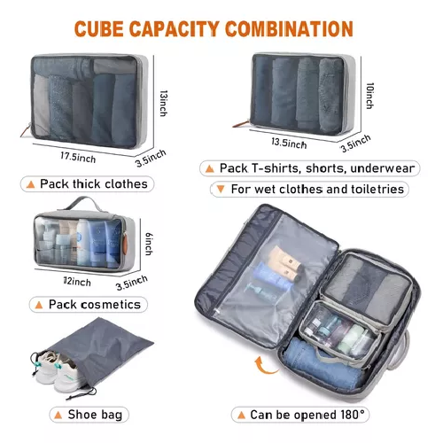 MOCHILA DE MALETA DE VIAJE CON 4 CUBOS DE EMBALAJE PARA AVIÓN, COLOR GRIS - 4