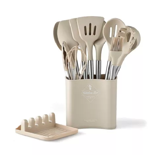 SET DE 13 UTENSILIOS DE COCINA DE ACERO INOXIDABLE Y SILICONA - 1