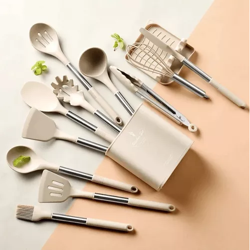 SET DE 13 UTENSILIOS DE COCINA DE ACERO INOXIDABLE Y SILICONA - 2