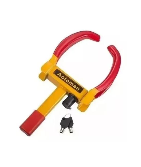 TRABA RUEDA ANTIRROBO PARA AUTO Y MOTO, AJUSTABLE, COLOR EN COLOR AMARILLO - 1