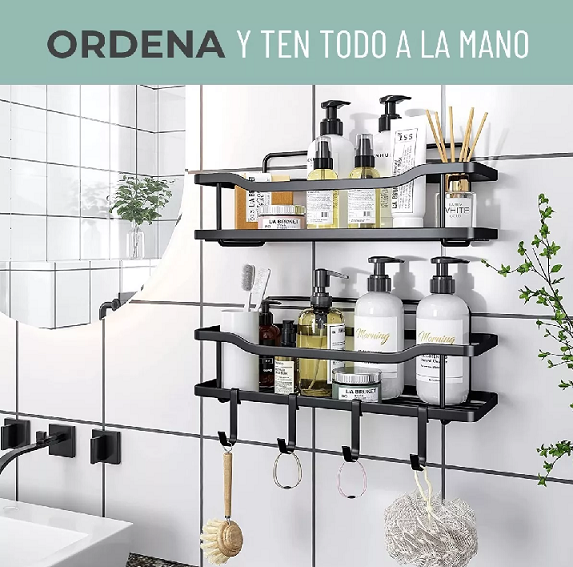 ORGANIZADOR DE DUCHA REPISA BAÑO ADHESIVO SET DE 2 INOXIDABLE EN COLOR NEGRO - 5