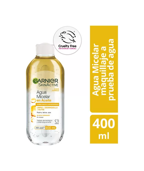 AGUA MICELAR EN ACEITE GARNIER SKIN ACTIVE 400ML, TODO TIPO DE PIEL