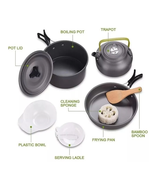 SET OLLAS CAMPING 8 PIEZAS OLLA SARTEN TETERA UTENSILIOS - 3