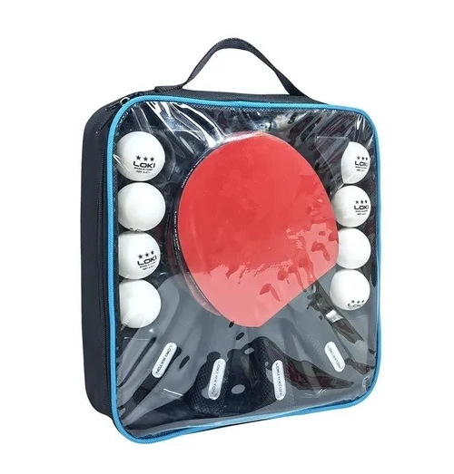 SET PING PONG 4 PALETAS + 8 PELOTAS NEGRO/ROJO MANGO RECTO - 2