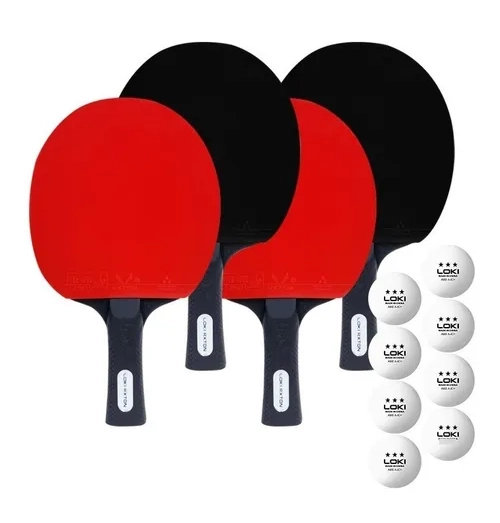 SET PING PONG 4 PALETAS + 8 PELOTAS NEGRO/ROJO MANGO RECTO - 3