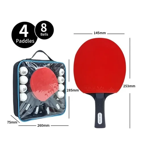 SET PING PONG 4 PALETAS + 8 PELOTAS NEGRO/ROJO MANGO RECTO - 4