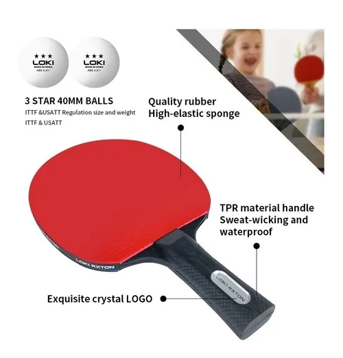 SET PING PONG 4 PALETAS + 8 PELOTAS NEGRO/ROJO MANGO RECTO - 5