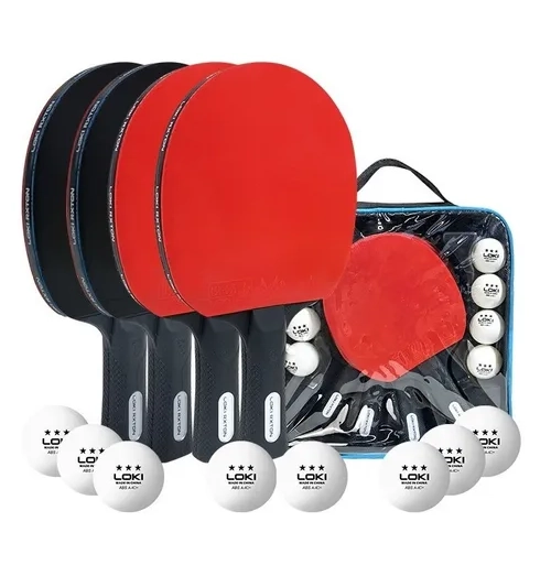 SET PING PONG 4 PALETAS + 8 PELOTAS NEGRO/ROJO MANGO RECTO - 6