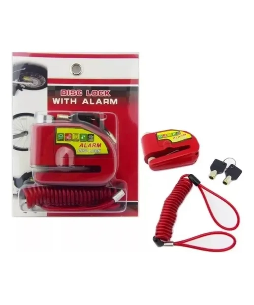 CANDADO ALARMA FRENO DISCO MOTO CON PIOLA RECORDATORIA ROJO - 3