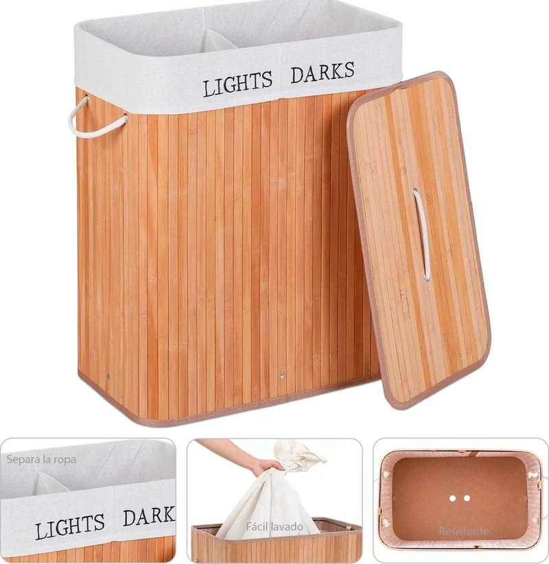 CANASTO ROPA BAMBU DOBLE 65CM CON TAPA - 2
