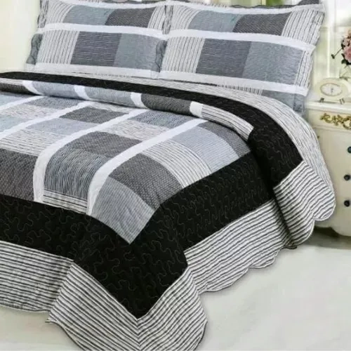 CUBRECAMA QUILT VERANO 2 PLAZAS CUADRADO ESTAMPADO GRIS - 2