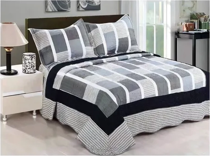 CUBRECAMA QUILT VERANO 2 PLAZAS CUADRADO ESTAMPADO GRIS - 3