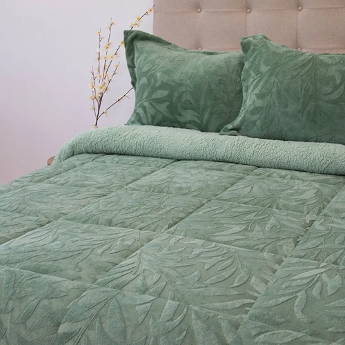 CUBRECAMA DORAL 2 PLAZAS SHERPA HOJAS COLOR VERDE - 2