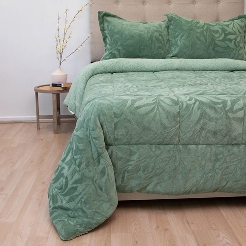 CUBRECAMA DORAL 2 PLAZAS SHERPA HOJAS COLOR VERDE - 3
