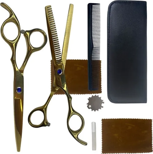 SET 2 TIJERAS ESCULPIR + CORTA PELO COLOR DORADO - 1