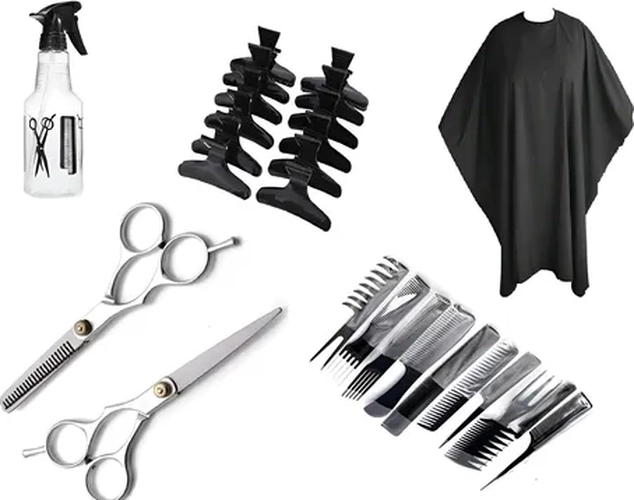 SET TIJERAS + CAPA + PEINETAS + ROCIADOR PELUQUERIA - 1