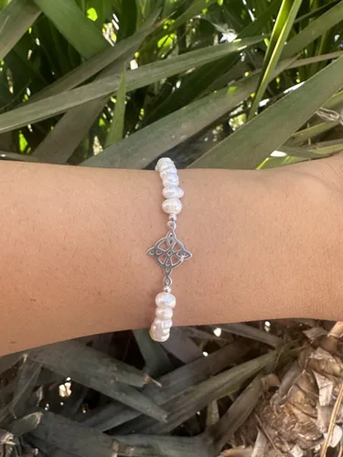PULSERA NUDO BRUJAS PLATA FINA CON PERLAS - 3