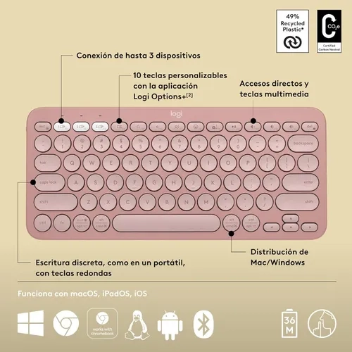 TECLADO LOGITECH PEBBLE K380S BLUETOOTH ROSADO ESPAÑOL - 5