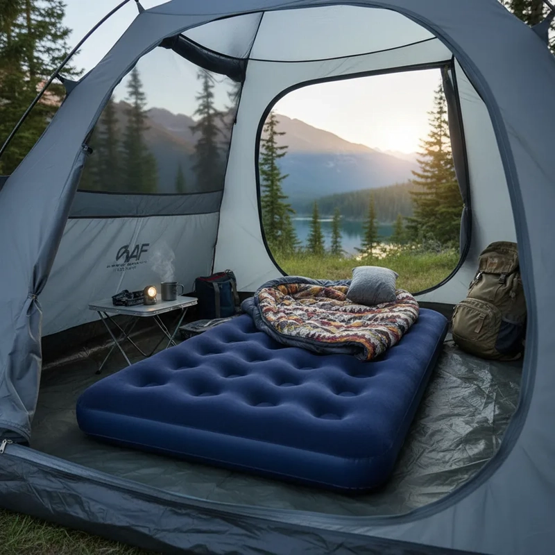 COLCHON INFLABLE 2 PLAZAS ALMOHADAS Y BOMBIN CAMPING VISITAS AZUL - 4